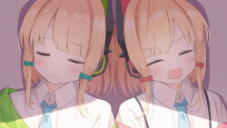 2girls absurdres animal_ear_headphones animal_ears blonde_hair blue_archive blue_necktie blush bow cat_ear_headphones closed_eyes closed_mouth collared_shirt commentary_request dot_nose drooling fake_animal_ears green_bow green_jacket hair_bow headphones heads_together highres jacket low-tied_sidelocks medium_hair midori_(blue_archive) miyatanpo615 momoi_(blue_archive) mouth_drool multiple_girls necktie off_shoulder open_mouth partial_commentary pink_jacket red_bow shade shadow shirt siblings side-by-side sidelocks single_off_shoulder sisters sleeping sleeping_upright smile suspenders twins upper_body white_shirt