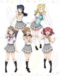 5girls aqua_eyes aqua_neckerchief artbook black_thighhighs blonde_hair blue_eyes blue_hair braid brown_hair crown_braid full_body grey_hair grey_skirt hair_bun highres kneehighs kunikida_hanamaru kurosawa_ruby loafers long_hair looking_at_viewer love_live! love_live!_sunshine!! miniskirt multiple_girls neckerchief non-web_source official_art ohara_mari one_eye_closed open_mouth pleated_skirt purple_eyes red_hair salute school_uniform serafuku shirt shoes short_hair short_sleeves simple_background skirt sleeveless smile socks standing summer_uniform thighhighs tie_clip tsushima_yoshiko uranohoshi_school_uniform watanabe_you white_background white_shirt yellow_eyes yellow_neckerchief zettai_ryouiki