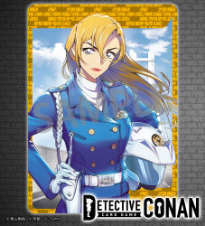 Rule 34 | 1girl, belt, belt buckle, blue eyes, blue jacket, bridge, brown hair, buckle, buttons, card (medium), closed mouth, copyright logo, copyright notice, day, double-breasted, floating hair, gloves, hagiwara chihaya, hand on own hip, helmet, highres, holding, holding helmet, jacket, japan national police, koda1ra, long hair, long sleeves, meitantei conan, official art, outdoors, police, police badge, police uniform, policewoman, road, sample watermark, solo, standing, unworn headwear, unworn helmet, watermark, white belt, white gloves, white helmet