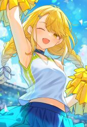 Rule 34 | 07nono06, 1girl, ;d, absurdres, arm up, armpits, black choker, blonde hair, braid, breasts, cheerleader, choker, confetti, cropped shirt, fang, fujita kotone, gakuen idolmaster, highres, holding, holding pom poms, idolmaster, long hair, looking at viewer, one eye closed, open mouth, pleated skirt, pom pom (cheerleading), pom poms, shirt, skin fang, skirt, sleeveless, sleeveless shirt, small breasts, smile, solo, twin braids, upper body, white shirt, yellow eyes