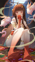 1girl absurdres animal bare_shoulders barefoot breasts brown_hair chinese_clothes cleavage colored_extremities commentary_request covering_own_mouth criss-cross_halter detached_sleeves diamond-shaped_pupils diamond_(shape) full_moon fuyuan_(honkai:_star_rail) halterneck hand_on_own_thigh hand_to_own_mouth hand_up highres honkai:_star_rail honkai_(series) indoors knees_up lingsha_(honkai:_star_rail) long_hair looking_at_viewer medium_breasts moon night ningjuice orange_eyes pelvic_curtain petals red_feet red_hands round_window scales sitting smoke solo symbol-shaped_pupils toes window