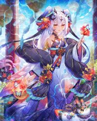 1girl bare_shoulders black_horns blush braid bug butterfly collarbone commission detached_sleeves grey_hair hair_between_eyes hair_ornament highres horns insect long_hair looking_at_viewer munlu_(wolupus) open_mouth orange_eyes original skeb_commission solo watermark white_butterfly