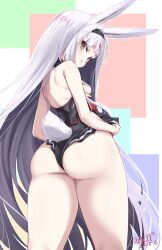 1girl :q absurdres animal_ears ass azur_lane bare_shoulders black_leotard black_skirt breasts brown_eyes clothes_lift from_behind hairband highleg highleg_leotard highres leotard lifting_own_clothes long_hair looking_back miniskirt naughty_face pleated_skirt rabbit_ears rabbit_girl rabbit_tail shimakaze_(azur_lane) sideboob skirt skirt_lift small_breasts smile solo tail thighs tongue tongue_out umyonge_(lkakeu) very_long_hair white_hair