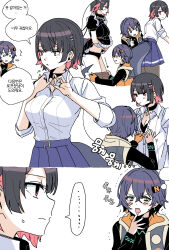 ... 2girls ^^^ arrow_(symbol) belle_(zenless_zone_zero) black_bra black_choker black_dress black_hair black_panties black_pantyhose black_shirt blue_skirt blush bra breasts buttoning choker clothes_pull clothing_cutout collared_shirt colored_inner_hair commentary_request dress ellen_joe ellen_joe_(on_campus) expressionless fingernails fins fish_tail green_eyes hair_ornament hand_to_own_mouth highres imagining jacket korean_text letter_hair_ornament long_sleeves maid maid_headdress mole mole_under_eye multicolored_hair multiple_girls panties pantyhose pantyhose_pull pleated_skirt puffy_short_sleeves puffy_sleeves red_eyes red_hair shark_girl shark_tail shirt short_sleeves sierit simple_background skirt smile spoken_ellipsis sweatdrop tail tail_through_clothes thumbs_up translation_request trembling underwear undressing_another white_background white_shirt yuri zenless_zone_zero