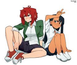2girls :/ absurdres aizawa_tomo artist_name asymmetrical_bangs bike_shorts_under_skirt black_eyes black_hair blazer breasts crossover dark-skinned_female dark_skin dated full_body green_jacket highres ijiranaide_nagatoro-san indian_style jacket large_breasts long_hair looking_at_viewer looking_to_the_side multiple_girls nagatoro_hayase pleated_skirt red_hair ryu_(ryuwanshoy) school_uniform shirt shoes short_sleeves sitting skirt sneakers tomboy tomo-chan_wa_onna_no_ko trait_connection v-shaped_eyebrows white_background white_shirt