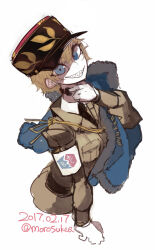 1girl 2017 asparagus_(girls_und_panzer) bc_freedom_military_uniform black_hat black_necktie blonde_hair blue_capelet blue_eyes brown_jacket capelet collared_shirt dated girls_und_panzer girls_und_panzer_ribbon_no_musha hat jacket kepi military_hat morosuke necktie sharp_teeth shirt short_hair teeth white_shirt