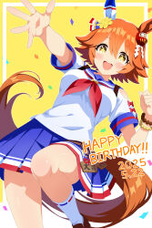 +_+ 1girl absurdres animal_ears backpack bag bare_shoulders belt bike_shorts bike_shorts_under_skirt birthday blue_skirt blush brown_shoes clenched_hand collarbone commentary_request confetti cowboy_shot crossed_arms dated ear_covers ema flipped_hair hair_between_eyes happy_birthday highres horse_ears horse_girl horse_tail jewelry looking_at_viewer maneki-neko matikanefukukitaru_(umamusume) midriff neckerchief open_mouth orange_hair pleated_skirt pout r1on_22 red_neckerchief school_uniform serafuku shoes simple_background single_ear_cover skirt smile solo standing standing_on_one_leg sweat tail thighhighs umamusume white_background white_thighhighs yellow_eyes
