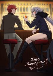 Rule 34 | 1girl, ahoge, alcohol, alternate universe, bar (place), beer, blue coat, blush, boots, bottle, breasts, brown jacket, chair, closed mouth, coat, cocktail glass, cocktail shaker, contemporary, cup, dress, drinking glass, drunk, emiya shirou, fate/grand order, fate/stay night, fate (series), full-length zipper, fur-trimmed coat, fur-trimmed jacket, fur-trimmed sleeves, fur trim, highres, igote, jacket, jeanne d&#039;arc alter (avenger) (fate), jeanne d&#039;arc alter (fate), jeanne d&#039;arc alter (ver. shinjuku 1999) (fate), jewelry, la grondement du haine, liquor, long hair, necklace, official alternate costume, open clothes, open coat, open mouth, orange hair, pants, red hair, shintyoi2, sitting, skirt, smile, thigh boots, thighhighs, whiskey, wine bottle, yellow eyes, zipper, zipper dress