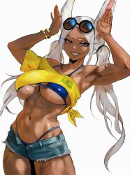 Rule 34 | 1girl, armpits, bikini, bikini under clothes, bion (insomn bion), blue bikini, boku no hero academia, bracelet, brazilian flag, brazilian flag print, breasts, dark-skinned female, dark skin, female focus, flag print, highres, jeans shorts, jewelry, large breasts, long hair, looking at viewer, mirko, rabbit ears, simple background, sunglasses on head, swimsuit, tagme, toned, toned female, twintails, white background, white hair