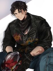 Rule 34 | 1boy, absurdres, black gloves, black jacket, black scarf, commentary, dog tags, gloves, green eyes, helmet, highres, holding, holding unworn helmet, j (reverse:1999), jacket, jewelry, leather, leather jacket, looking at viewer, male focus, motorcycle helmet, necklace, reverse:1999, scarf, smile, symbol-only commentary, tutu82904404, unworn headwear, unworn helmet