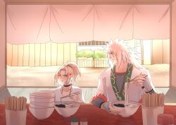 1boy 1girl blonde_hair cokiebeard couple dating food highres holding holding_plate japanese_clothes jewelry jiraiya_(naruto) long_hair naruto naruto_(series) necklace noodles plate shirt tsunade_(naruto) white_shirt