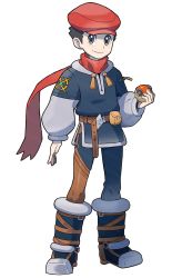 1boy belt boot_straps boots brown_belt closed_mouth commentary english_commentary floating_scarf full_body grey_eyes hat highres hisuian_poke_ball holding holding_poke_ball knees long_sleeves looking_at_viewer male_focus nintendo poke_ball pokemon pokemon_legends:_arceus pouch red_hat red_scarf rei_(pokemon) scarf short_hair simple_background smile solo standing vikthor01 white_background