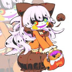 1girl bag colored_skin drooling emongo floating_head grey_hair heterochromia highres holding holding_bag looking_at_viewer mahou_shoujo_madoka_magica mahou_shoujo_madoka_magica:_hangyaku_no_monogatari midriff momoe_nagisa mouth_drool navel orange_shirt pumpkin-shaped_pants shirt solo white_skin zoom_layer