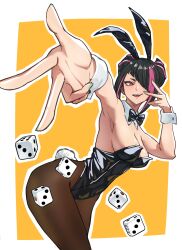 1girl absurdres animal_ears ap_cammy armpits black_hair black_leotard black_pantyhose breasts commentary commentary_request cowboy_shot detached_collar dice fake_animal_ears fake_tail hair_over_one_eye han_juri highres inset_border leotard multicolored_hair open_mouth pantyhose pink_hair playboy_bunny rabbit_ears rabbit_tail red_eyes smile solo streaked_hair street_fighter tail two-tone_background upper_body white_background wrist_cuffs yellow_background