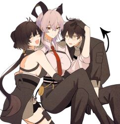 Rule 34 | 1boy, 2girls, :d, adversarial noise, bare shoulders, black hair, black horns, black jacket, black pants, black tail, breasts, chest harness, closed eyes, closed mouth, collared shirt, commentary, crossed legs, curled horns, demon tail, dual persona, female rover (wuthering waves), grey hair, hair between eyes, harness, horns, jacket, large breasts, long hair, low ponytail, male rover (wuthering waves), multiple girls, necktie, open mouth, pants, ponytail, red eyes, red necktie, rover (wuthering waves), sadomne sabu, shirt, shirt tucked in, simple background, smile, tail, white background, white shirt, wuthering waves, yellow eyes, zani (wuthering waves)