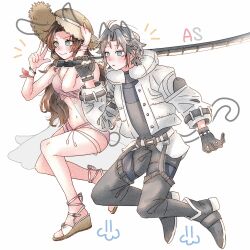 1boy 1girl 7_(milu577610) aerith_gainsborough aerith_gainsborough_(sunny_robe) aged_down bare_shoulders bikini black_gloves blush bracelet breasts brown_hair chinese_commentary closed_mouth coat final_fantasy final_fantasy_vii final_fantasy_vii_ever_crisis gloves green_eyes grey_hair hat highres holding holding_sword holding_weapon jacket jewelry jumping long_hair long_sleeves navel official_alternate_costume parted_bangs pink_bikini sephiroth sephiroth_(ever_crisis) sephiroth_(natant_jacket) shirt short_hair smile straw_hat swimsuit sword wavy_hair weapon white_background white_jacket winter_clothes winter_coat
