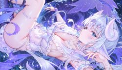 1girl alllisso blue_eyes blush bracelet breasts bridal_gauntlets character_request clam_shell copyright_request hair_between_eyes hair_intakes hair_ornament highres horns jewelry large_breasts lying navel on_back pearl_anklet purple_nails solo water