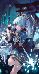 1girl absurdres arm_guards armor ayaka_(genshin_impact) blue_hair blurry blurry_background breasts cleavage closed_mouth commentary_request eye_trail feet_out_of_frame fighting_stance forest fr-ee-dom frown genshin_impact green_eyes hair_ribbon highres holding holding_sword holding_weapon japanese_armor japanese_clothes kamisato_clan_(emblem) katana light_trail long_hair long_sleeves looking_at_viewer mole mole_under_eye nature night outdoors ponytail ribbon solo standing standing_on_one_leg sword tassel_choker torii tress_ribbon very_long_hair weapon