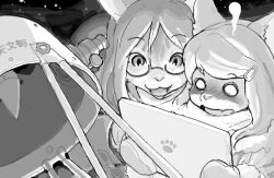 2girls blank_eyes blush body_fur cat_girl coat furry furry_female glasses greyscale holding holding_tablet_pc kikurage_(crayon_arts) long_hair mittens monochrome multiple_girls original tablet_pc upper_body