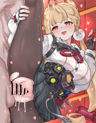 1boy 1girl :o absurdres ahegao alice_thymefield animal_ears bar_censor black_skirt blonde_hair blush breasts censored commentary daram_(shappydude) fingerless_gloves gloves hand_on_own_leg hetero heterochromia highres indoors large_breasts large_variant_set long_hair orange_eyes pantyhose penis pleated_skirt red_eyes revision sex shirt skirt split standing standing_on_one_leg standing_sex standing_split sweat torn_clothes torn_pantyhose vaginal variant_set white_shirt zenless_zone_zero