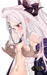 1boy 1girl ahoge black_gloves blue_archive blush breasts coat dark-skinned_male dark_skin gloves groping hair_ornament hetero high_ponytail highres hina_(blue_archive) horns long_hair multiple_horns nipple_stimulation nipple_tweak nipples off_shoulder open_clothes open_mouth open_shirt ponytail purple_eyes shirt simple_background small_breasts solo_focus tears upper_body white_background white_hair wokamiya