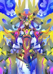 Rule 34 | 1girl, amaterasumon, armor, digimon, digimon (creature), fangs, looking at viewer, nateasora, sky, sparkle, sun, walking
