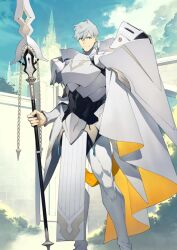 1boy abs arm_armor arm_at_side armor belt belt_buckle blue_eyes boots bracer breastplate brown_belt brown_sleeves buckle cape chain closed_mouth covered_abs fate/grand_order fate_(series) feet_out_of_frame game_cg gorget grey_hair hair_between_eyes hand_up high_collar holding holding_polearm holding_weapon legs_apart longinus_(weapon)_(fate) looking_at_viewer male_focus official_art pauldrons pelvic_curtain percival_(fate) polearm shiramine_(srmn09) short_hair shoulder_armor side_cape smile solo spear standing thigh_boots third-party_source toned toned_male variant_set waist_cape weapon white_boots white_cape