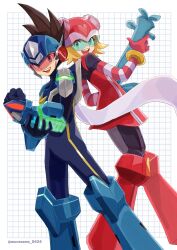 Rule 34 | 1boy, 1girl, assault visor, back-to-back, black bodysuit, blonde hair, blue bodysuit, blue helmet, bodysuit, brown hair, clenched hand, dress, feet out of frame, geo stelar (mega man), green-tinted eyewear, guitar, harp note (mega man), helmet, highres, holding, holding guitar, holding instrument, instrument, magainu, medium hair, mega man (series), mega man star force (series), mega man star force 3, missing commentary, red-tinted eyewear, red dress, red helmet, short hair, simple background, sonia strumm (mega man), star force mega man, tinted eyewear, twitter username, white background
