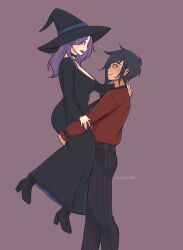 1boy 1girl abigail_(stardew_valley) artist_name bite_mark black_choker black_dress black_footwear black_nails breasts choker commentary dress ear_piercing earrings english_commentary fangs hat high_heels highres jewelry lips lunarpix_(artist) pants piercing purple_hair ring sebastian_(stardew_valley) smile stardew_valley stud_earrings vampire wedding_ring witch_hat