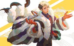 1boy black_eyes black_hair blonde_hair coat commentary_request cowboy_shot divus_crewel fishee_(fisheem4mmal) fur_coat gloves highres holding holding_pointer looking_at_viewer male_focus pointer red_gloves short_hair solo twisted_wonderland vest yellow_background