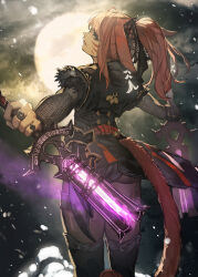 1girl absurdres animal_ears ass black_pantyhose blue_eyes boots brown_hair cat_ears cat_girl cat_tail dual_wielding facial_mark final_fantasy final_fantasy_xiv from_behind hide_(hideout) highres holding jewelry long_hair looking_at_viewer miqo&#039;te ninja_(final_fantasy) pantyhose ponytail ring solo tail thigh_boots warrior_of_light_(ff14) whisker_markings