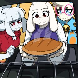 angela_flux animal_ears atlyss bell blue_blush blue_eyes blush breasts cleavage deltarune demon_girl demon_horns food fur_collar furry furry_female glasses goat_ears goat_girl goat_horns helltaker highres horns long_sleeves lucifer_(helltaker) mole mole_under_eye muds multiple_girls oven pie red_eyes red_shirt shirt steam toriel undertale white_fur white_hair white_horns