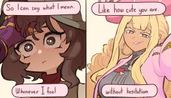 2girls 3: absurdres armor blonde_hair blue_eyeshadow blue_lips blush breastplate brown_eyes brown_hair centurii-chan chaperon_hat commentary dark-skinned_female dark_skin earrings english_commentary english_text eyeshadow gauntlets gyaru gyaru_landsknecht_(centurii-chan) hat helmet highres hoop_earrings jacket jewelry lipstick long_hair makeup multiple_girls nose_blush original pink_hat pink_jacket short_hair sidelocks smile star-shaped_pupils star_(symbol) symbol-shaped_pupils yuri