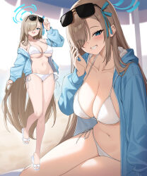 Rule 34 | 1girl, asuna (blue archive), bikini, blue archive, blue eyes, blue halo, blue jacket, blush, breasts, collarbone, eyewear on head, grin, hair over one eye, halo, highres, jacket, large breasts, long hair, looking at viewer, multiple views, navel, open clothes, open jacket, sandals, side-tie bikini bottom, smile, sunglasses, swimsuit, white bikini, yuxian youka