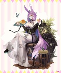 1girl ;d ahoge animal_ears between_breasts birdcage black_boots blue-framed_eyewear boots breasts bug butterfly cage chain commentary_request cupcake easter easter_egg egg food fork full_body glasses high_heel_boots high_heels holding holding_fork insect large_breasts long_hair looking_at_viewer official_alternate_costume official_art one_eye_closed open_mouth phantom_of_the_kill platform_boots platform_footwear purple_hair rabbit_ears rabbit_girl second-party_source sitting smile solo vanargand_(phantom_of_the_kill) very_long_hair yellow_eyes