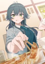 1girl :q absurdres antenna_hair ayuppe blush bowl chopsticks coat commentary_request dumpling fingernails food gakuen_idolmaster green_eyes green_shirt grey_coat hair_flaps highres holding holding_bowl holding_chopsticks idolmaster indoors jiaozi looking_at_food restaurant shirt solo steam tongue tongue_out tsukimura_temari upper_body watermark