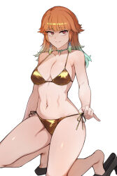 1girl absurdres bikini bow bow_choker breasts choker earrings feather_earrings feathers gold_bikini gradient_hair high_heels highres hololive hololive_english iver_(reviolet) jewelry kneeling large_breasts long_hair multicolored_hair navel orange_hair red_eyes side-tie_bikini_bottom simple_background solo stomach swimsuit takanashi_kiara thighhighs thighs virtual_youtuber white_background white_thighhighs
