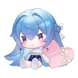1girl blue_eyes blue_hair box buttons doll double-breasted earrings gift gift_box goddess_of_victory:_nikke hair_between_eyes hair_intakes heart-shaped_box helm_(nikke) high-waist_skirt jewelry long_hair long_sleeves lowres official_alternate_costume sidelocks sitting skirt sticker sweater