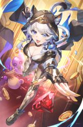 1girl absurdres animal_ear_fluff animal_ears black_gloves black_hood blue_eyes bow breasts cat_ears cat_tail cipher_(honkai:_star_rail) cleavage coin commentary dvdarts ears_through_hood fingerless_gloves fingernails full_body gem gloves grey_hair hair_bow highres honkai:_star_rail honkai_(series) large_breasts leaning_forward light_blush looking_at_viewer medium_hair mole mole_on_chest nail_polish open_mouth red_carpet red_gemstone smile solo tail twitter_username white_bow yellow_nails