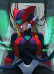 1girl absurdres android artist_name bliss_zero_(mega_man) blonde_hair blue_eyes breasts cable chest_jewel cropped_vest forehead_jewel genderswap genderswap_(mtf) helmet highres large_breasts long_hair mega_man_(series) mega_man_zero_(series) nao_(gatita) open_clothes open_vest red_helmet red_vest sitting solo spread_legs vest zero(z)_(mega_man) zero_(mega_man)