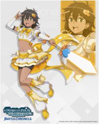 Rule 34 | 1girl, artist request, bike shorts, black hair, breasts, copyright name, dark-skinned female, dark skin, detached sleeves, dungeon ni deai wo motomeru no wa machigatteiru darou ka, earrings, english text, frilled skirt, frills, full body, green eyes, hair ornament, heart, heart hair ornament, high heels, highres, jewelry, magical girl, navel, official alternate costume, official art, open mouth, puffy short sleeves, puffy sleeves, shirt, short sleeves, skirt, small breasts, tiona hyryute, wand, white shirt