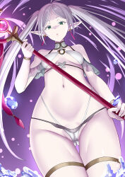 Rule 34 | 1girl, alternate costume, bare shoulders, bikini, bracelet, breasts, cameltoe, colored eyelashes, commentary request, commission, cowboy shot, earrings, elf, eyelashes, floating earrings, foreshortening, frieren, from below, givuchoko, gluteal fold, green eyes, grey hair, groin, hand up, highleg, highleg bikini, holding, holding staff, jewelry, long hair, looking at viewer, looking down, mage staff, micro bikini, midriff, navel, open mouth, paid reward available, parted bangs, partially visible vulva, pointy ears, purple background, short eyebrows, simple background, small breasts, solo, sousou no frieren, staff, stomach, swimsuit, thick eyebrows, thigh gap, thigh strap, thighs, tsurime, twintails, very long hair, white bikini