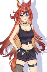 1girl alternate_costume bare_shoulders belt belt_collar black_belt black_choker black_gloves black_shorts black_tank_top blue_eyes blue_scrunchie breasts brown_hair bubble_gum_fellow_(umamusume) choker cleavage collar commentary_request cowboy_shot ear_ornament fingerless_gloves gloves grin hair_between_eyes hair_ornament hairclip hand_on_own_hip highres large_breasts long_hair midriff multicolored_hair navel remi-yuka-taimama scrunchie shadow shorts simple_background single_thighhigh sleeveless smile solo streaked_hair tank_top thigh_strap thighhighs umamusume very_long_hair white_background white_hair