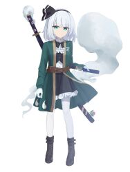 Rule 34 | 16sanrach, 1girl, alternate costume, belt, black bow, black bowtie, black hairband, black skirt, black vest, boots, bow, bowtie, brown belt, brown boots, chinese commentary, commentary request, commission, flower, frilled skirt, frills, full body, gloves, green eyes, green jacket, grey hair, hairband, hitodama, hitodama print, jacket, katana, konpaku youmu, konpaku youmu (ghost), lace-up boots, layered clothes, looking at viewer, medium hair, multiple swords, open clothes, open jacket, pantyhose, pink flower, sheath, sheathed, shirt, simple background, skirt, solo, sword, sword on back, touhou, unsheathing, vest, weapon, weapon on back, white background, white gloves, white pantyhose, white shirt