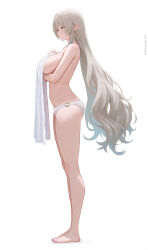 1girl arm_under_breasts blue_eyes breasts commentary covering_breasts covering_privates fleurdelys_(wuthering_waves) from_side grey_hair haruyuki_(karem) highres large_breasts long_hair looking_ahead panties pointy_ears simple_background solo standing topless_female towel twitter_username underwear very_long_hair white_background white_panties wuthering_waves