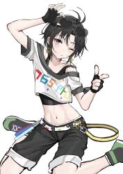 1girl absurdres aburi-gatana antenna_hair belt black_eyes black_gloves black_hair black_shoes collarbone cropped_shirt earrings eyewear_on_head fingerless_gloves gloves glowstick heart heart-shaped_eyewear heart_print highres idolmaster idolmaster_(classic) idolmaster_2 jewelry kikuchi_makoto looking_at_viewer navel one_eye_closed parted_lips print_belt shirt shoes short_hair short_sleeves sitting sneakers solo star_(symbol) star_earrings street_hopper_(idolmaster) sunglasses white_shirt