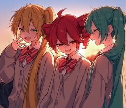 3girls :d absurdres ahoge akita_neru aqua_hair bag blonde_hair blurry blurry_background bow bowtie brown_cardigan cardigan closed_eyes collared_shirt commentary_request diagonal-striped_bow diagonal-striped_bowtie diagonal-striped_clothes double-parted_bangs drill_hair empty_eyes evening furrowed_brow hair_between_eyes half-closed_eyes hand_to_own_mouth hatsune_miku highres kasane_teto laughing long_hair long_sleeves lower_teeth_only mochi_(user_ters7875) multiple_girls open_mouth outdoors pinstripe_bowtie profile red_bow red_bowtie red_eyes red_hair school_bag shirt side_ponytail sleeves_past_wrists smile smug striped_clothes teeth triple_baka_(vocaloid) triple_ryuunen twin_drills twintails upper_body utau vocaloid white_shirt yellow_eyes