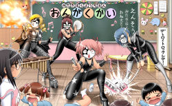 &gt;_&lt; 6+girls =_= akemi_homura apron band_(music) black_footwear black_hair blonde_hair blue_hair bodysuit boots breasts chalkboard classroom cleavage closed_eyes collar cosplay crying drill_hair fire glasses hair_bobbles hair_ornament indoors instrument kaname_madoka keyboard_(instrument) kindergarten kindergarten_teacher kindergarten_uniform kiss_(rock_band) knee_boots kyubey long_hair mahou_shoujo_madoka_magica mahou_shoujo_madoka_magica_(anime) melodica miki_sayaka multiple_girls pink_hair platform_footwear ponytail red_hair sakura_kyoko scared school shingyouji_tatsuya shoes short_hair short_twintails spiked_collar spikes strap_slip t_t tambourine teacher tears tomoe_mami triangle_(instrument) turn_pale twin_drills twintails unworn_shoes uwabaki white_footwear xylophone