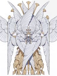 1other absurdly_long_hair absurdres animal_head bare_legs barefoot biblically_accurate_angel blonde_hair bull cherub chinese_commentary colored_skin commentary_request crrn empty_eyes feathered_wings full_body halo head_wings highres instrument lion long_hair looking_at_viewer nude original simple_background solo standing third_eye too_many_wings trumpet very_long_hair white_background white_hair white_skin wings