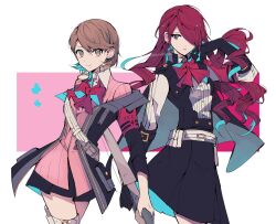 2girls alternate_costume black_jacket bow bowtie breasts brown_eyes brown_hair cardigan choker closed_mouth collared_shirt earrings gekkoukan_high_school_uniform hair_over_one_eye heart heart_choker highres jacket jewelry kirijou_mitsuru long_hair long_sleeves looking_at_viewer multiple_girls official_alternate_costume open_clothes open_jacket persona persona_3 persona_3_reload pink_cardigan red_eyes red_hair ribbed_cardigan ribbon s.e.e.s school_uniform shirt short_hair skirt smile stud_earrings takeba_yukari teketeke_(tasutekete) white_choker white_shirt